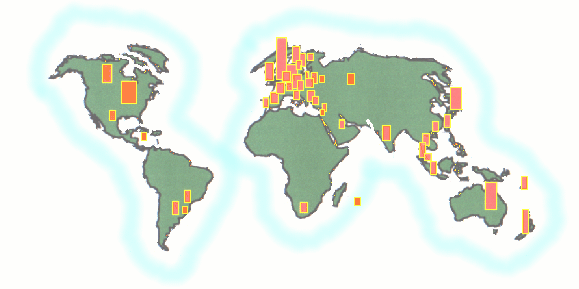 World map: the Eos website was visited by people from 39 countries in its first year - 2000